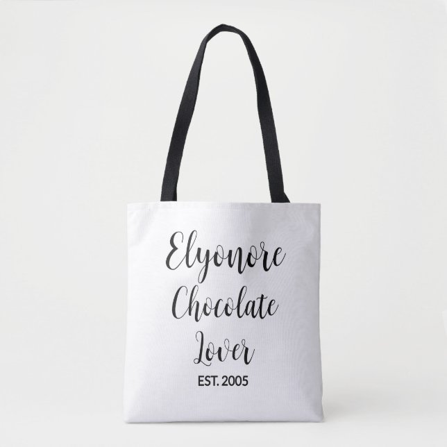 Black Script Name Established Chocolate Lover Tote Bag (Front)