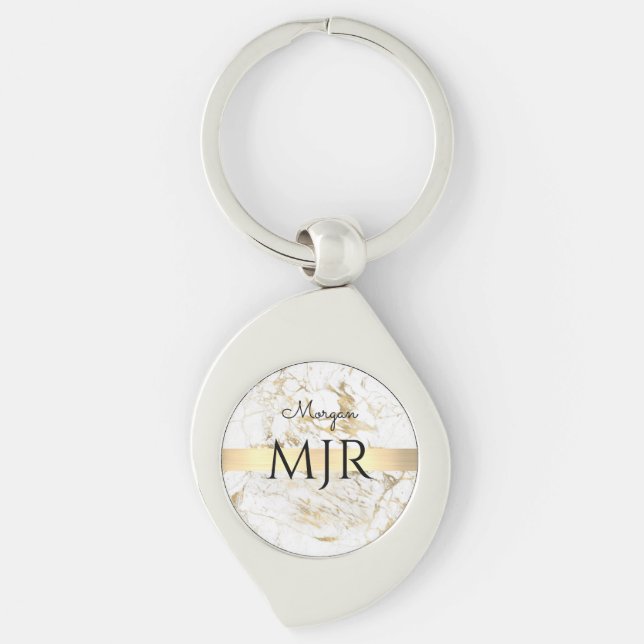Black Script Name Lg Monogram, White & Gold Marble Key Ring (Front)