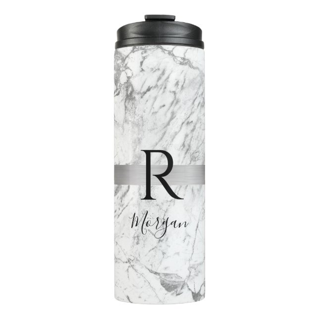 Black Script Name & Monogram, White & Grey Marble Thermal Tumbler (Front)