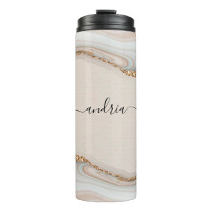 Black Script Name on Marble & Gold Glitter Thermal Tumbler