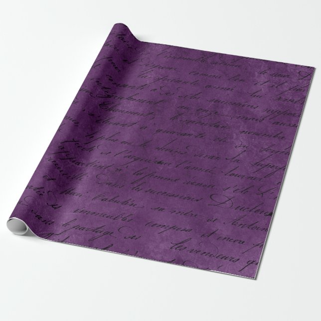 Black Script on Purple Wrapping Paper (Unrolled)