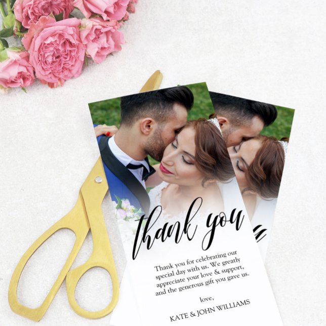 Black Script Overlay Wedding Photo Thank You Card (Creator Uploaded)