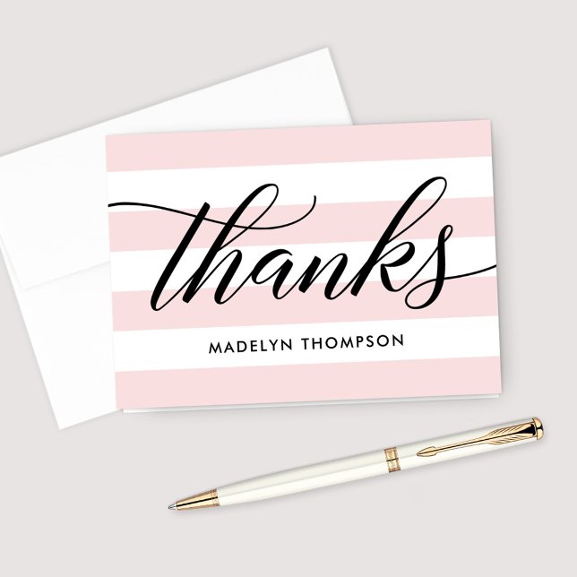 Black Script Pale Pink Stripes Wedding Thank You Card (Creator Uploaded)