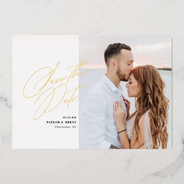 Black Script Photo Save the Date Faux Foil (Front)