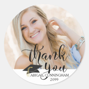 Black Script Thank You Graduation Photo Classic Round Sticker