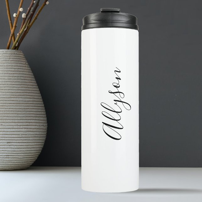 Black Script Vertical Name on White Thermal Tumbler (Creator Uploaded)