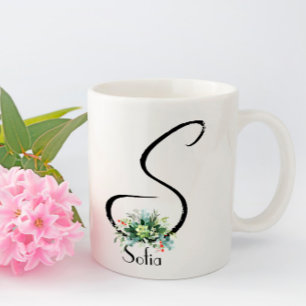 Black script watercolor wildflowers coffee mug