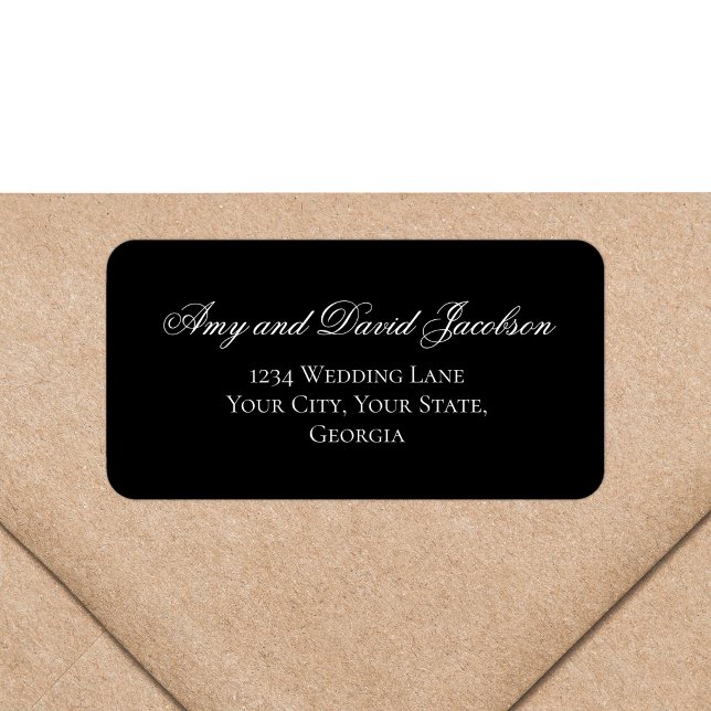 Black Script Wedding Address Label Sheet Minimal (Black background wedding return address label with elegant white calligraphy script)