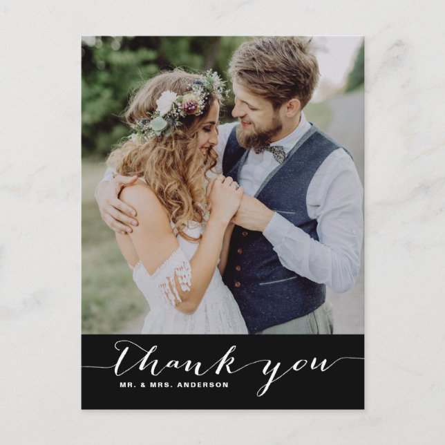 Black | Script Wedding Thank You Vertical Postcard (Front)