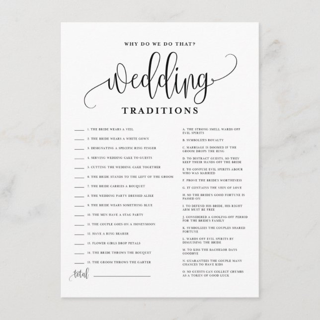 Black Script Wedding Traditions Bridal Shower Game Enclosure Card (Front)