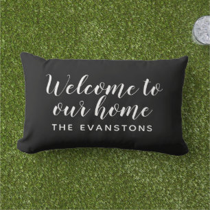 Black Script Welcome to Our Home Lumbar Cushion