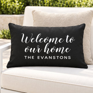 Black Script Welcome to Our Home Lumbar Cushion
