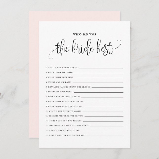 Black Script Who Knows the Bride Best Shower Game Enclosure Card (Front/Back)