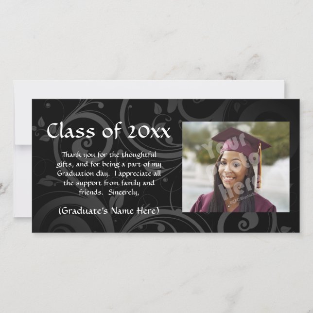 Black Scroll Graduation Announcement/Thank You Thank You Card (Front)