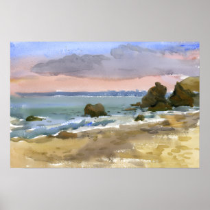 Black Sea Rocky Beach Sunset Watercolor Poster
