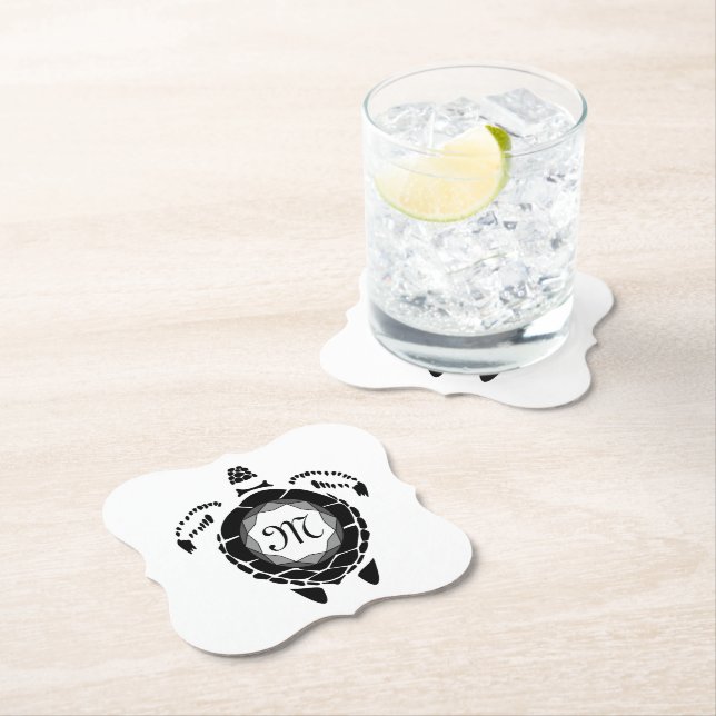 Black Sea Turtle Silhouette Customised Monogram Paper Coaster (Insitu)