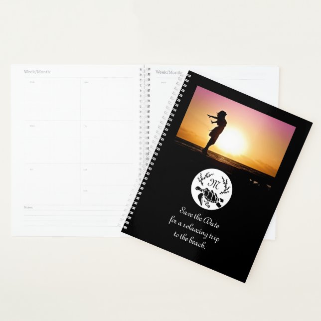 Black Sea Turtle Silhouette Monogram Photo Planner (Display)