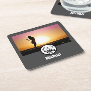 Black Sea Turtle Silhouette Photo Monogram Square Paper Coaster
