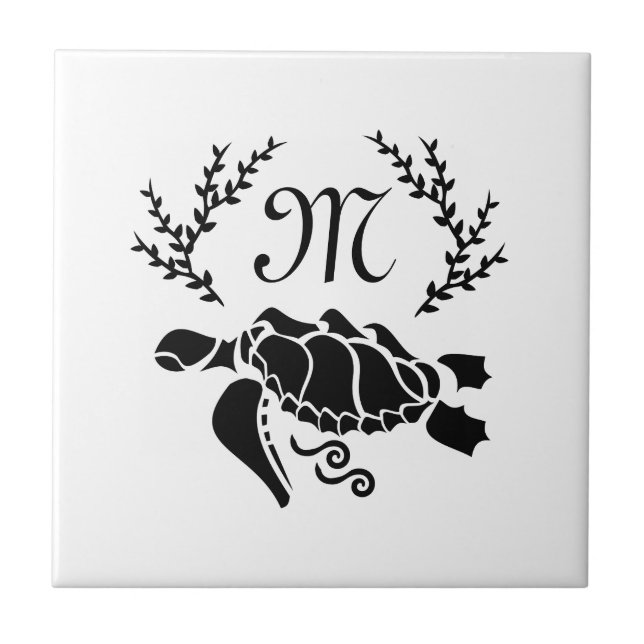 Black Sea Turtle Silhouette Side View Ceramic Tile (Front)