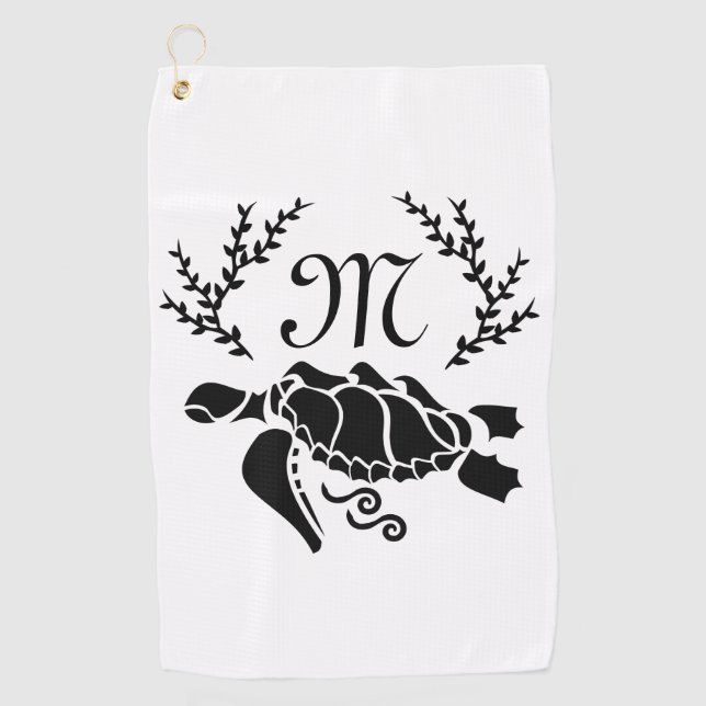 Black Sea Turtle Silhouette Side View Golf Towel (Front)