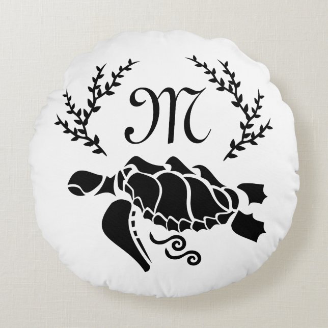 Black Sea Turtle Silhouette Side View Round Cushion (Front)