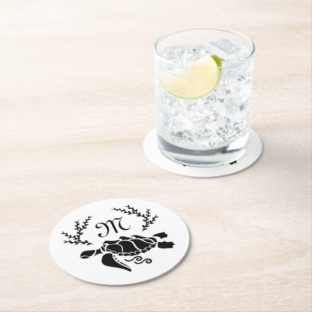Black Sea Turtle Silhouette Side View Round Paper Coaster (Insitu)