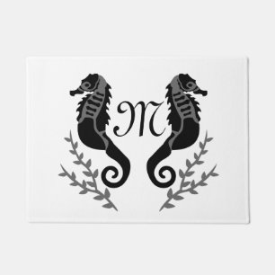 Black Seahorse Silhouette Monogram Doormat