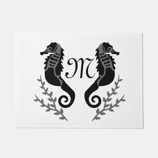 Black Seahorse Silhouette Monogram Doormat (Front)