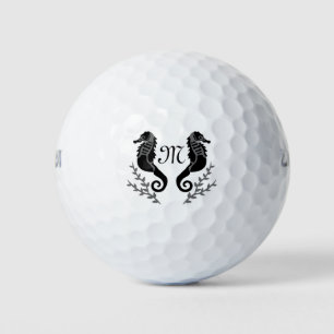Black Seahorse Silhouette Monogram Golf Balls