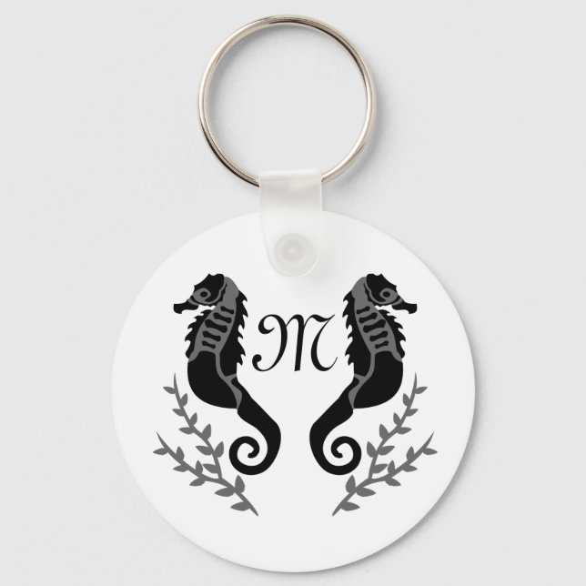 Black Seahorse Silhouette Monogram Key Ring (Front)
