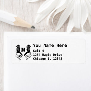 Black Seahorse Silhouette Monogram Return Address Label