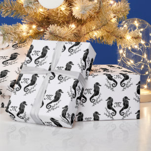Black Seahorse Silhouette Monogram Wrapping Paper