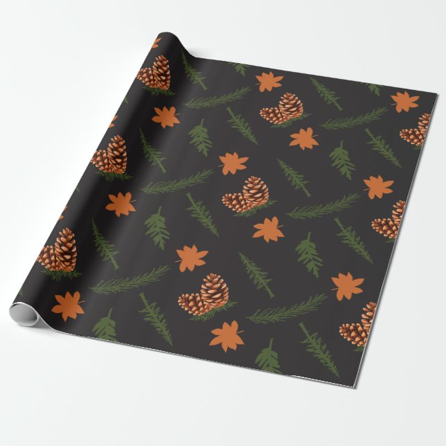 Black Seamless Wrapping Paper: Pine and Maple Leaf Paper (Unrolled)