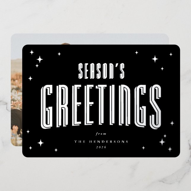 Black Season's Greetings Retro Stars Photo  Foil Holiday Card (Front/Back)