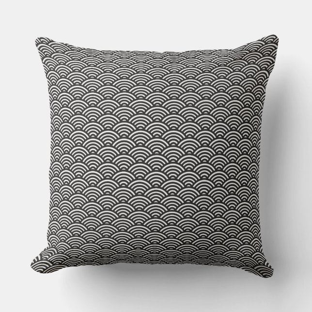 Black Seigaiha Japanese Wave Pattern Cushion (Front)