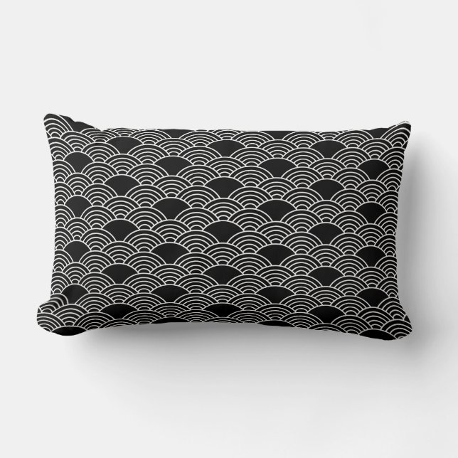 Black Seigaiha Japanese Wave Pattern Lumbar Cushion (Front)