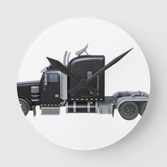 Black Semi Truck with Full Lights In Side View Round Clock (Front)