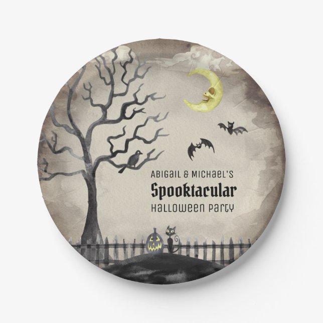 Black & Sepia Spooky Scene Halloween Party Paper Plate (Front)