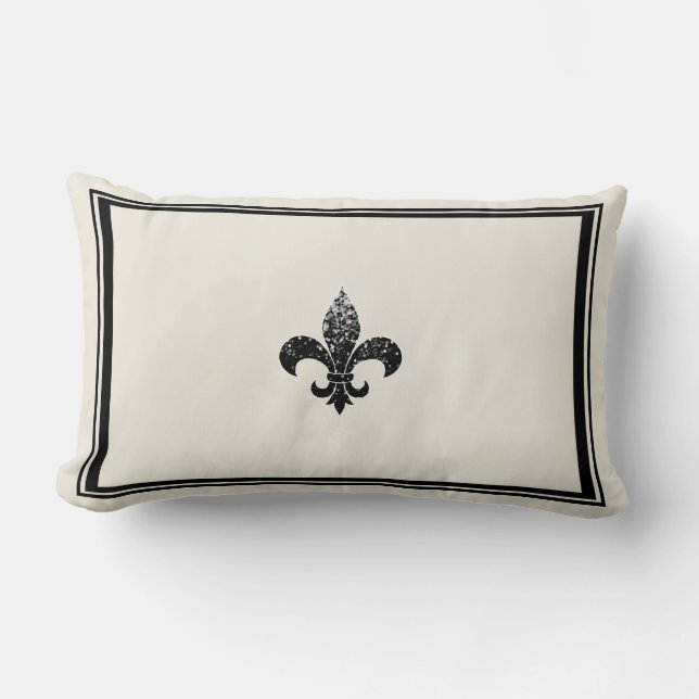 Black Sequined Fleur De Lis Design Lumbar Cushion (Front)