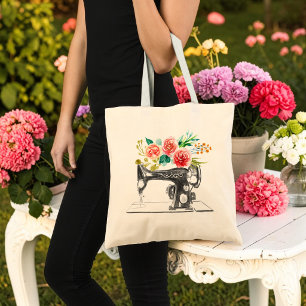 Black Sewing Machine Quilting Tailor Floral Tote Bag