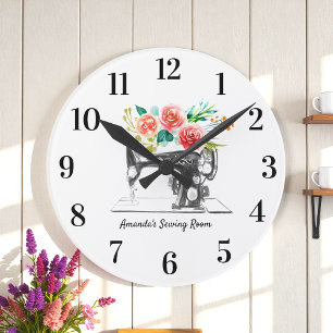 Black Sewing Machine White Floral Round Clock