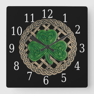 Black Shamrock And Celtic Knots Square Clock