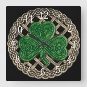 Black Shamrock And Celtic Knots Square Clock