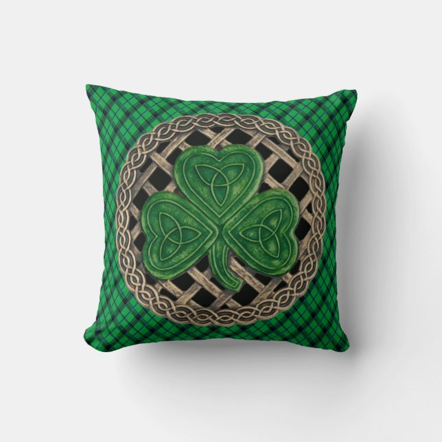 Black Shamrock Celtic Knots On Green Plaid Cushion (Front)