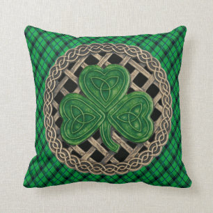 Black Shamrock Celtic Knots On Green Plaid Cushion