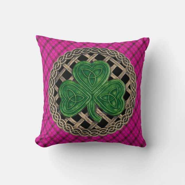 Black Shamrock Celtic Knots On Pink Plaid Cushion (Front)