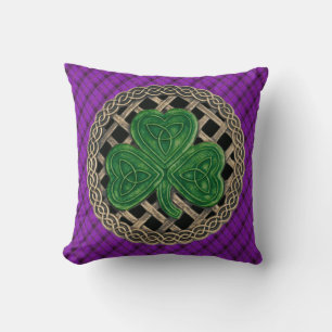 Black Shamrock Celtic Knots On Purple Plaid Cushion