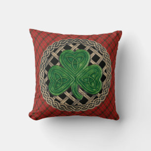 Black Shamrock Celtic Knots On Red Plaid Cushion
