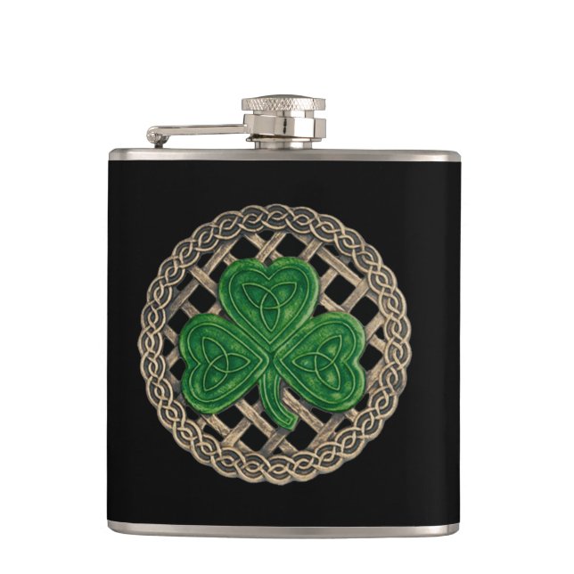 Black Shamrock On Celtic Knots Flask (Front)
