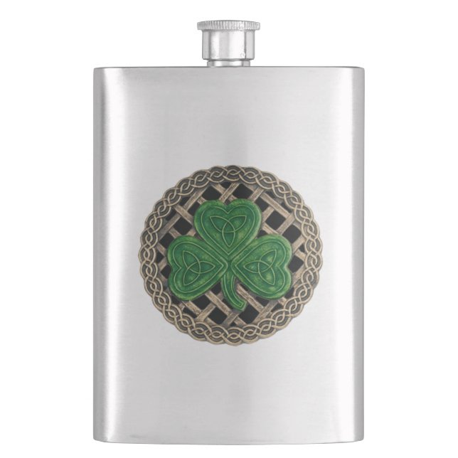 Black Shamrock On Celtic Knots Flask (Front)